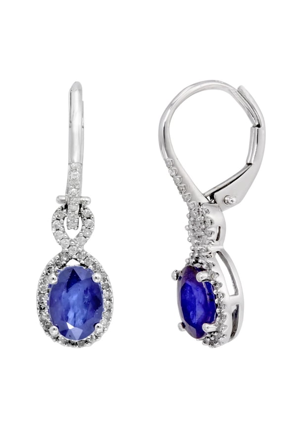 Oval Diffused Sapphire and 1/4 CT TW Diamond Leverback Earrings In 10K White Gold