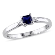 AMOUR Princess Cut Created Blue Sapphire and Diamond Accent Ring In Sterling Silver