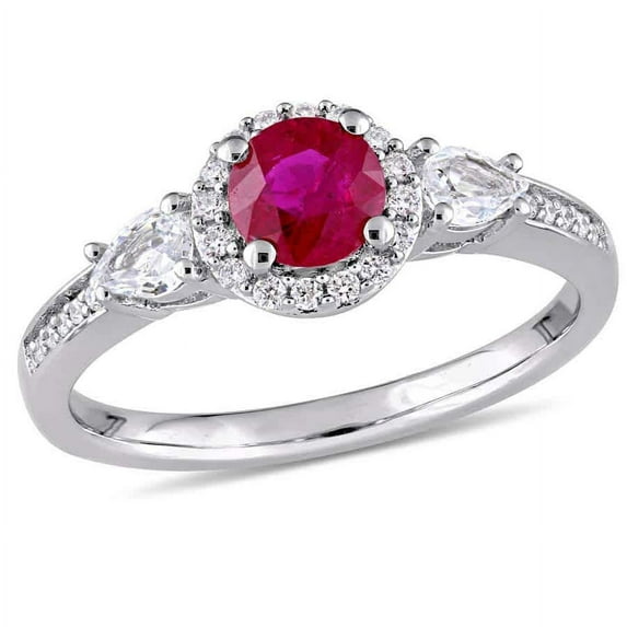 AMOUR Round Ruby and Pear Shape White Sapphire 3-sTone Ring with 1/8 CT TW Diamond Halo and Accent In 14K White Gold
