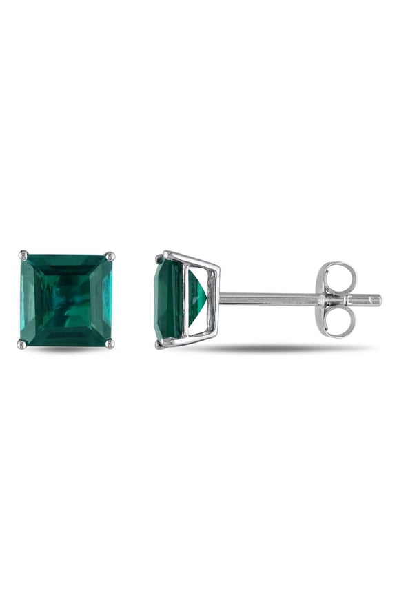 Square Cut Created Emerald Stud Earrings In 10K White Gold
