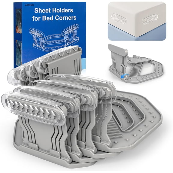 AMOVO Bed Sheet Holders for Corners Keep Sheets in Place Firmly - Foldable Fitted Sheet Holders Heavy Duty Sheet Locks Mattress Sheet Fasteners, Set of 4 Lock Sheet Clips (Grey)