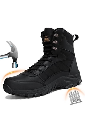 Men's Steel Toe Work Boots 8 inch Lightweight Comfortable Indestructible Puncture Proof for Industrial Construction Warehouse Roofing Logger Riding Safety,Black