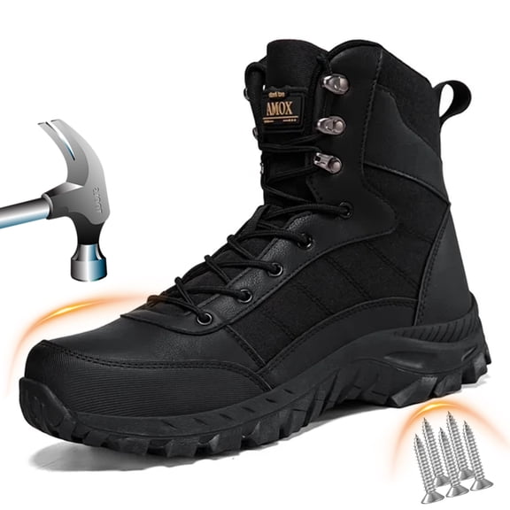 AMOX Men's Steel Toe Work Boots 8 inch Lightweight Comfortable Indestructible Puncture Proof for Industrial Construction Warehouse Roofing Logger Riding Safety,Black