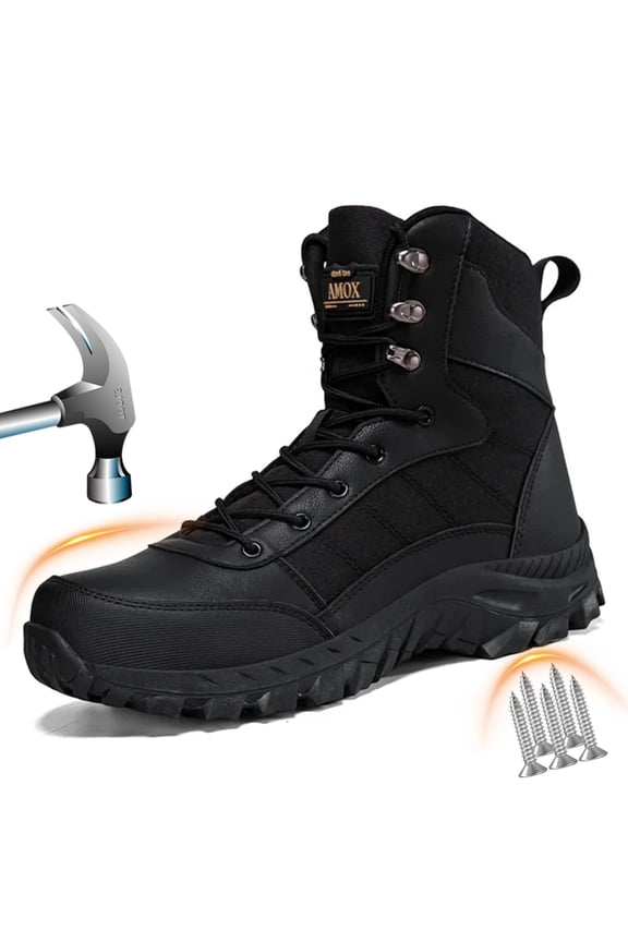 Men's Steel Toe Work Boots 8 inch Lightweight Comfortable Indestructible Puncture Proof for Industrial Construction Warehouse Roofing Logger Riding Safety,Black