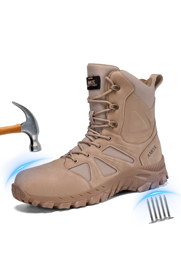 Steel Toe Boots for Men Comfortable Lightweight Work Boots for Men Slip Resistant High Top Steel Toe Safety Shoes Puncture Resistant Midsole for Construction Warehouse Work,Desert Yellow