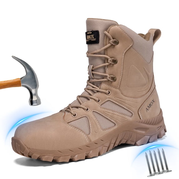 AMOX Steel Toe Boots for Men Comfortable Lightweight Work Boots for Men Slip Resistant High Top Steel Toe Safety Shoes Puncture Resistant Midsole for Construction Warehouse Work,Desert Yellow