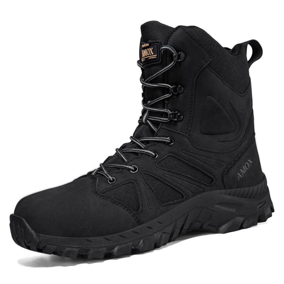 AMOX Steel Toe Boots for Men Comfortable Lightweight Work Boots for Men Slip Resistant High Top Steel Toe Safety Shoes Puncture Resistant Midsole for Construction Warehouse Work,Black