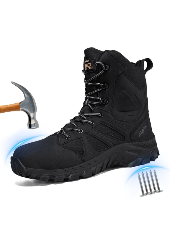 Steel Toe Boots for Men Comfortable Lightweight Work Boots for Men Slip Resistant High Top Steel Toe Safety Shoes Puncture Resistant Midsole for Construction Warehouse Work,Black