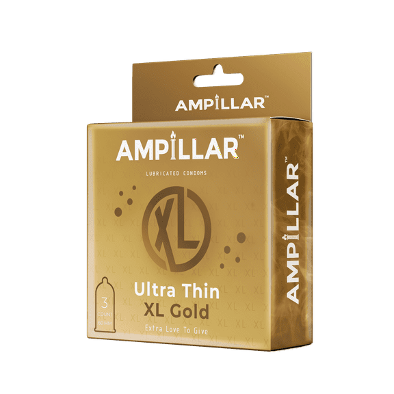 AMPILLAR Condoms ULTRA THIN XL GOLD, Extra Large Natural Feel Smooth High Quality Lubricated Condoms - 3 Count