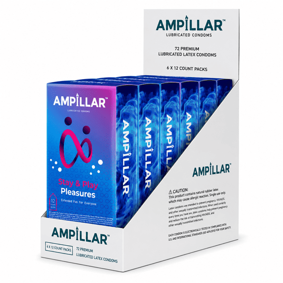 AMPILLAR STAY & PLAY PLEASURES Condoms – Delay Lubricant, Studded Texture, Lubricated Latex, 72 Count