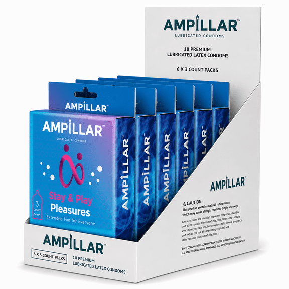 AMPILLAR STAY & PLAY PLEASURES Condoms – Delay Lubricant, Studded Texture, Lubricated Latex Condoms, Triple Tested Protection, 18 Count