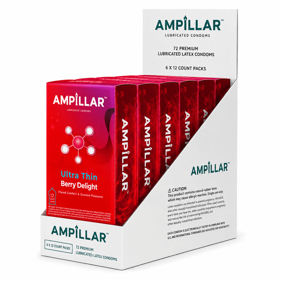 AMPILLAR ULTRA THIN BERRY DELIGHT Condoms, Berry Scented Flared Comfort Lubricated Latex Condoms, Natural Feel, 72 Count