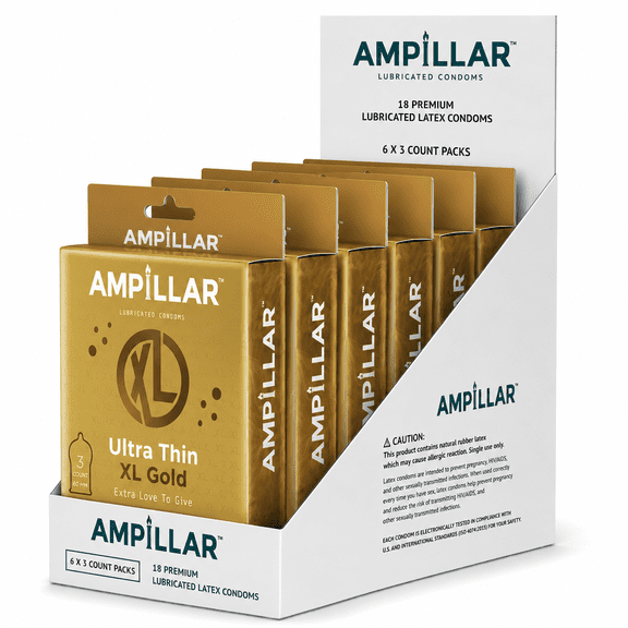 AMPILLAR ULTRA THIN XL GOLD Condoms – Extra Large, Ultra Thin for Natural Feel, Lubricated Latex Condoms, Triple Tested Protection, 18 Count