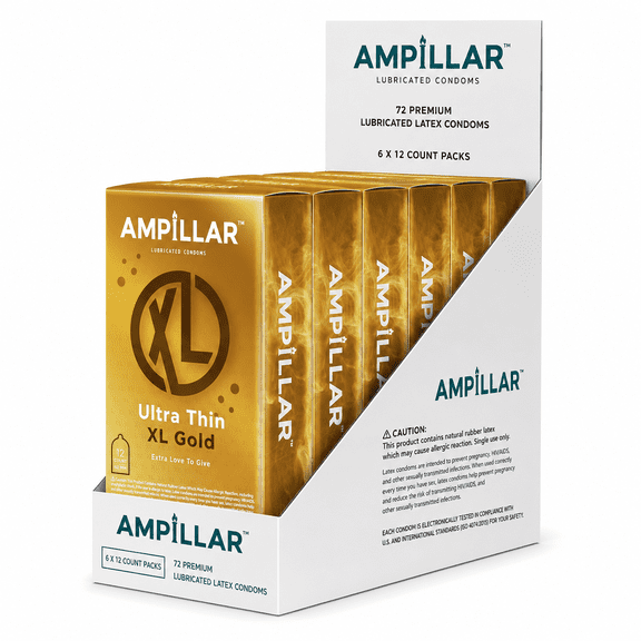 AMPILLAR ULTRA THIN XL GOLD Condoms – Extra Large, Ultra Thin for Natural Feel, Lubricated Latex Condoms, Triple Tested Protection, 72 Count