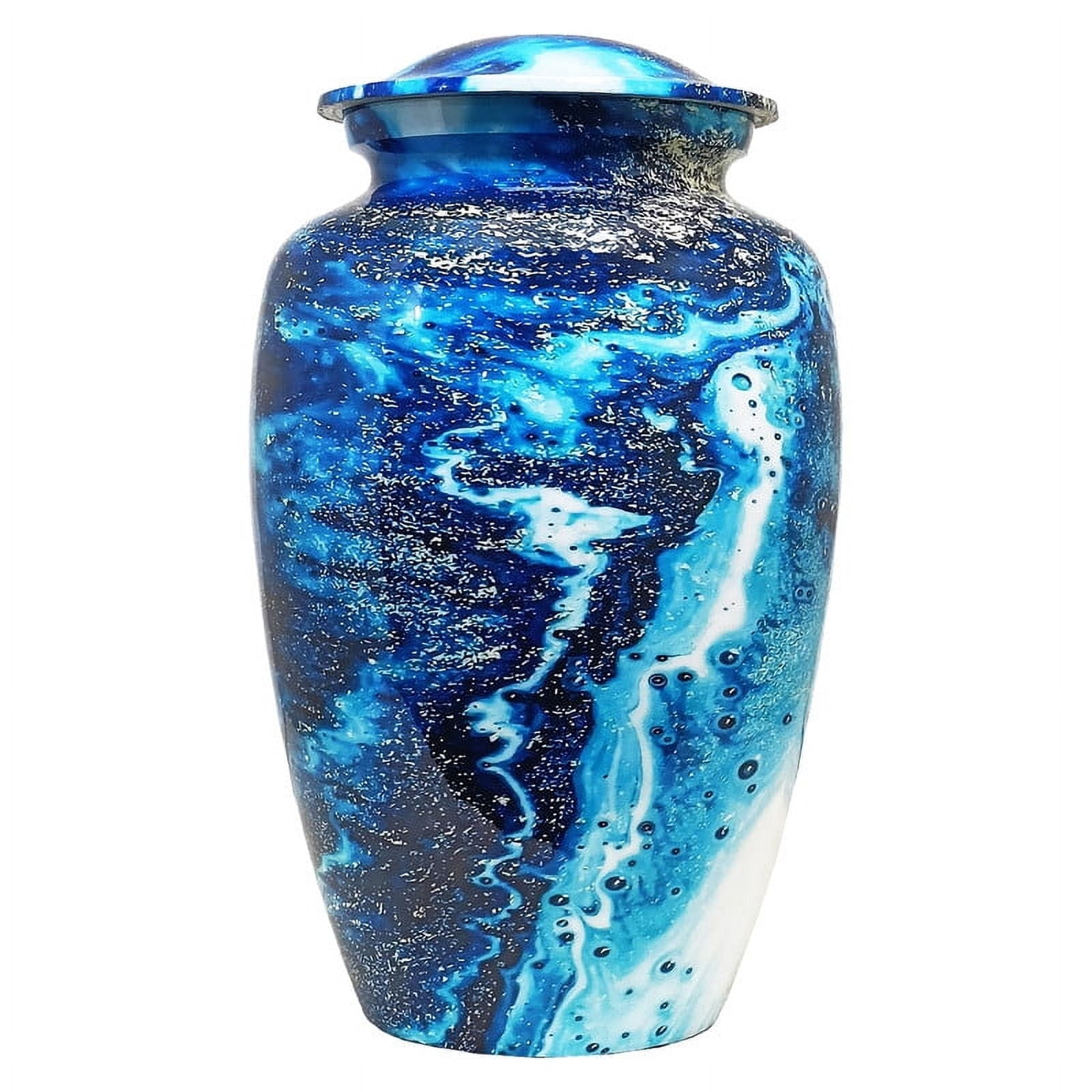 AMPLE CREMATION URNS | Blue Ocean Waves Cremation | Aluminum Urn with Soothing Sea-Inspired Design | Secure Airtight Lid | Memorial Urn for Adult Ashes | 200 lbs. | 6.5 x 10.5 inches | Blue