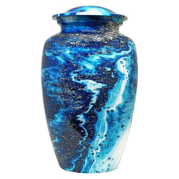 AMPLE CREMATION URNS | Blue Ocean Waves Cremation | Aluminum Urn with Soothing Sea-Inspired Design | Secure Airtight Lid | Memorial Urn for Adult Ashes | 200 lbs. | 6.5 x 10.5 inches | Blue