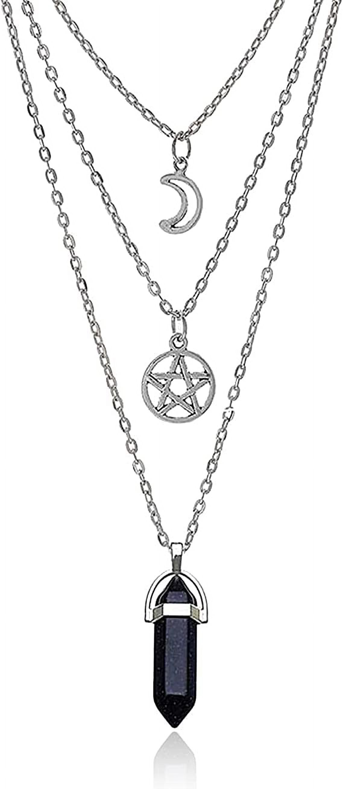 AMQTSLM Moon Pentagram Necklace with Natural Crystal Hexagon