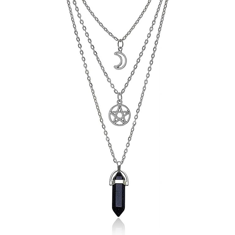AMQTSLM Moon Pentagram Necklace with Natural Crystal Hexagon