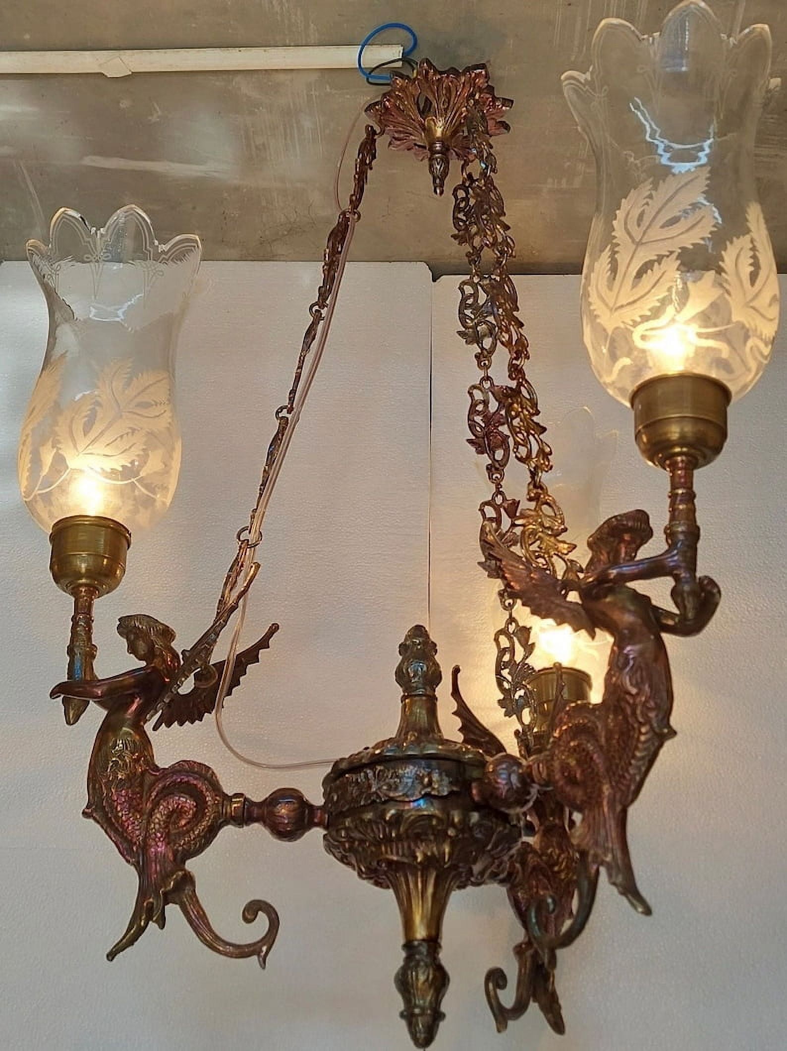 AMRICAN VINTAGE Antique Vintage Art Nouveau Brass & Cut Glass Ceiling Chandelier