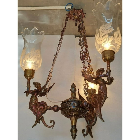 AMRICAN VINTAGE Antique Vintage Art Nouveau Brass & Cut Glass Ceiling Chandelier