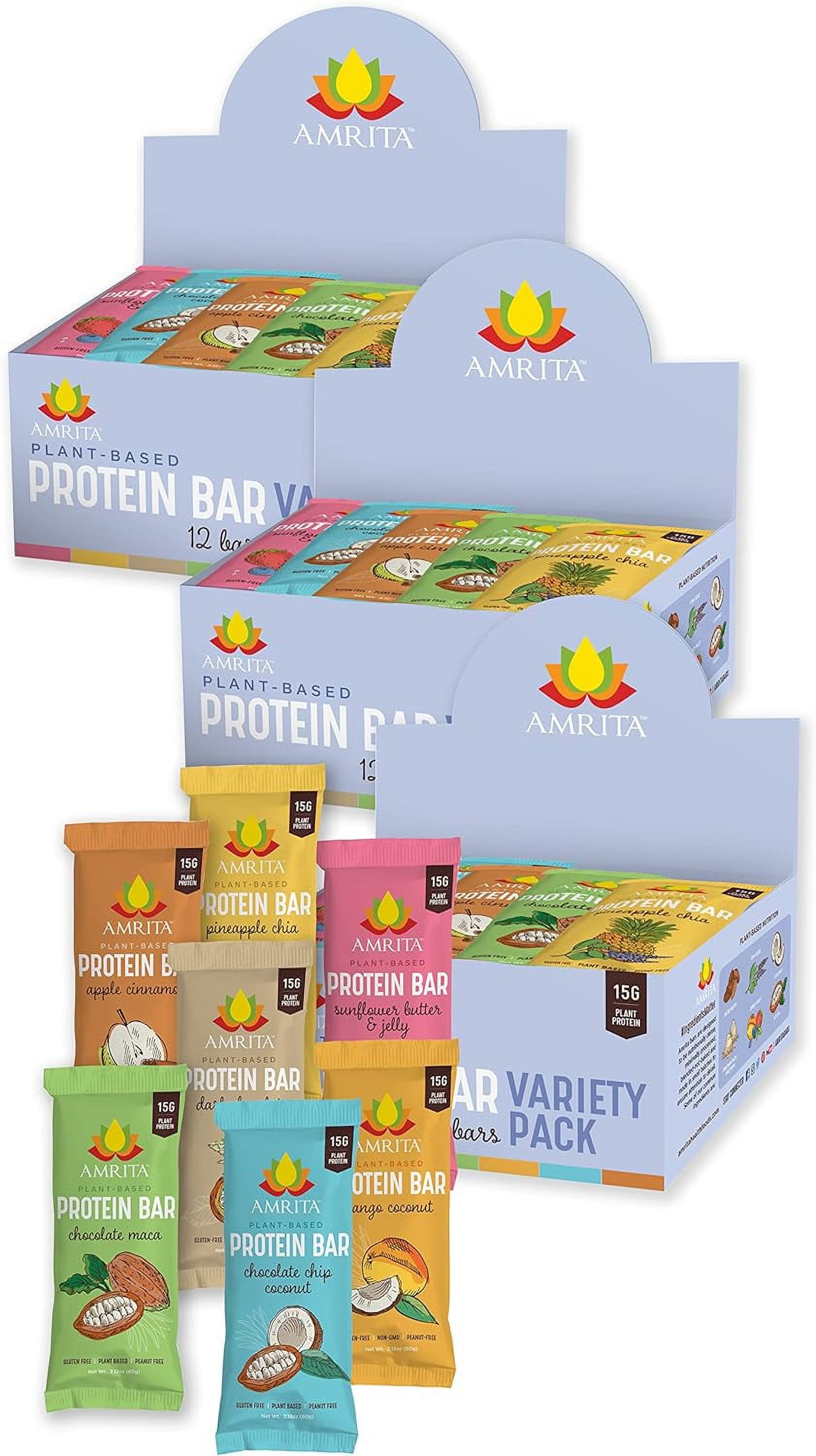 AMRITA Vegan Protein Bars Variety Pack (6 Flavors), Peanut/Dairy Free ...