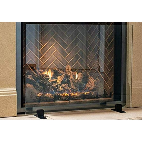 AMS Fireplace Frameless Glass Fireplace Screen with Black Metal Feet AMS Fireplace Frameless Glass Fireplace Screen with Black Metal Feet