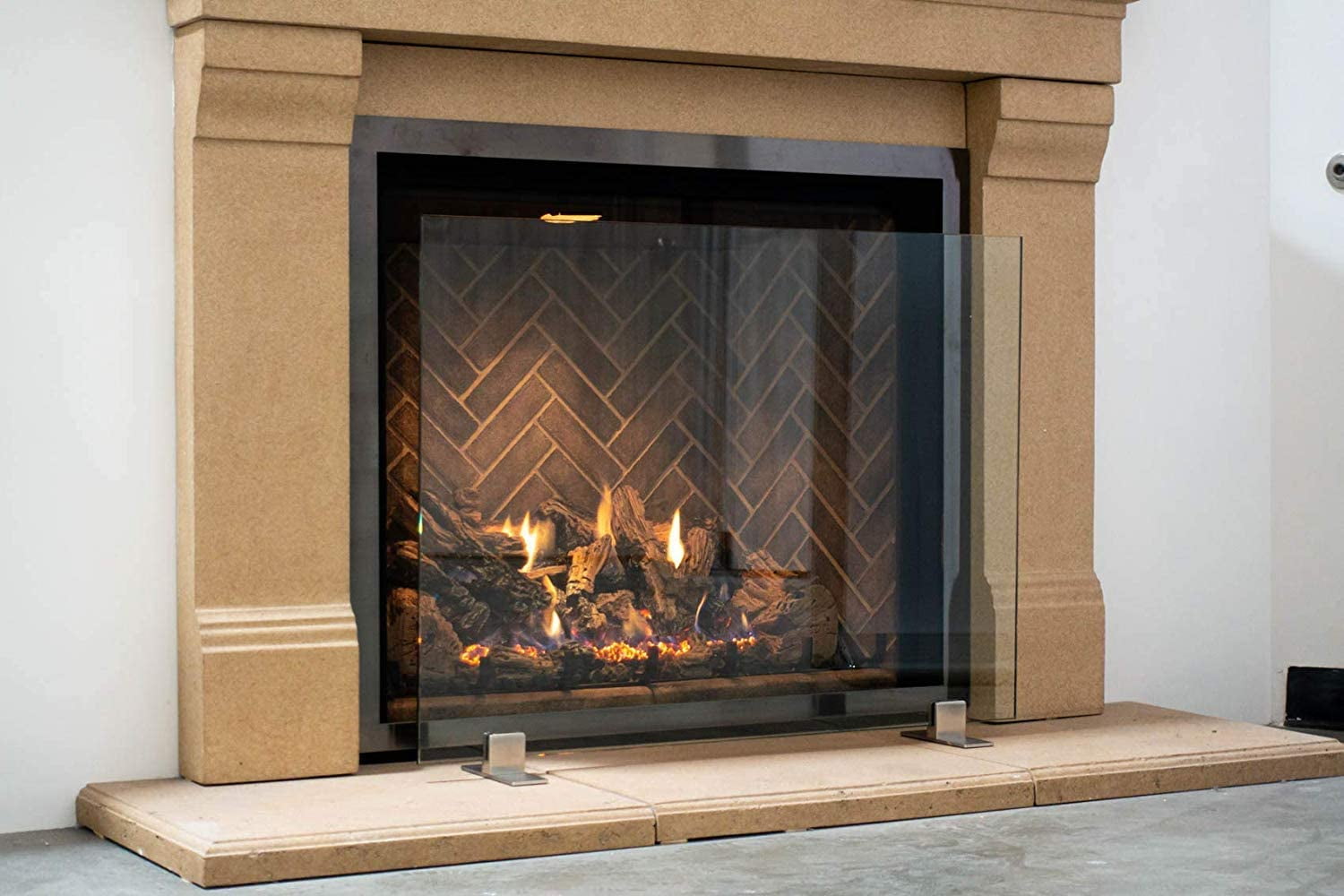Medium Frameless Clear Glass Fireplace Screen with Stainless Steel Feet