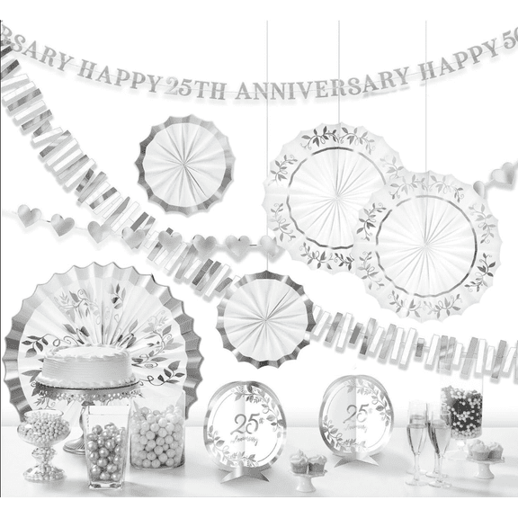 AMSCAN - 25th Anniversary Decorating Kit (Includes 3 String Decorations, 2 Table Centerpieces and 5 Paper Fan Decorations)
