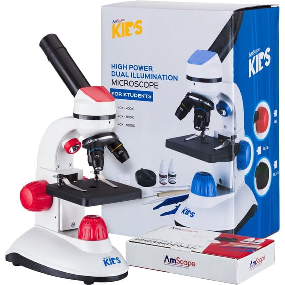 AMSCOPE-Kids M50C-R14 40X-1000X Dual Illumination Student Microscope Gift Package Awarded 2016 Top 3 Ranking Best Kids Microscope (Red)