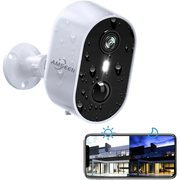 AMSEEN Wireless Outdoor Security Camera with Spotlight, Waterproof 2K PIR Detection, 2.4Ghz Wi-Fi, Rechargeable Battery Powered Home Surveillance Camera with Color, Night Vision, 2-Way Audio, White