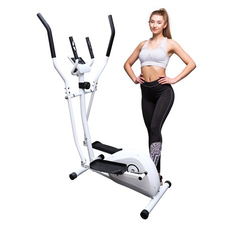 AMSTECH Magnetic Elliptical Machine, Machine Cross Trainer with 8 Resistance Levels, Elliptical Trainer with Pulse Rate Grips, Multi-Function LCD Monitor, White