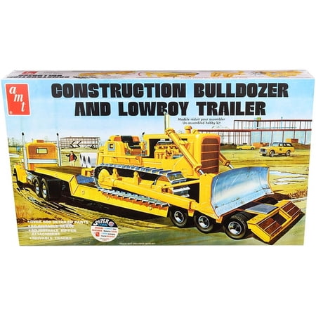 Skill 3 Model Kit Construction Bulldozer and Lowboy Trailer Set of 2 pieces 1 25 Scale Model by AMT