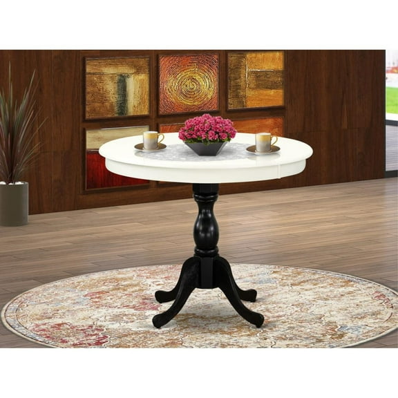 East West Furniture AMT-LBL-TP Antique 36" Round Kitchen Table for Small Space - Linen White Top & Black Pedestal