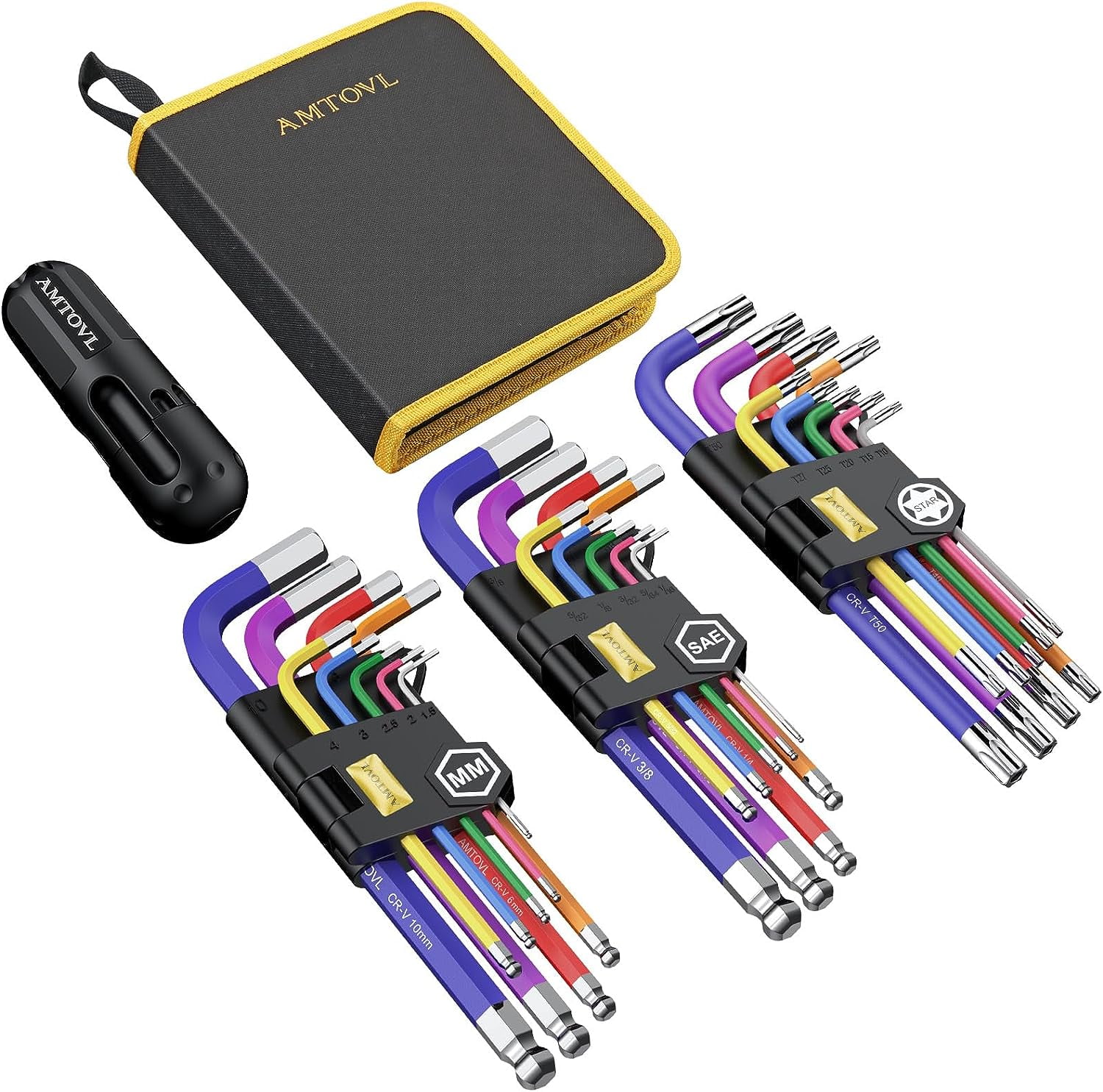 AMTOVL 27PCS Hex Key Set: Metric/SAE/Star, Extra Long Ball Head, T-Handle, for DIY & Mechanics