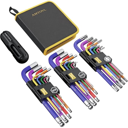 AMTOVL 27PCS Hex Key Set: Metric/SAE/Star, Extra Long Ball Head, T-Handle, for DIY & Mechanics