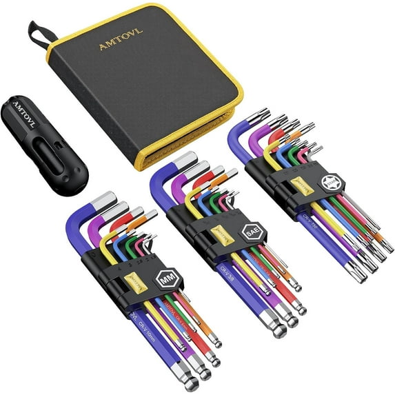 AMTOVL 27PCS Hex Key Set: Metric/SAE/Star, Extra Long Ball Head, T-Handle, for DIY & Mechanics