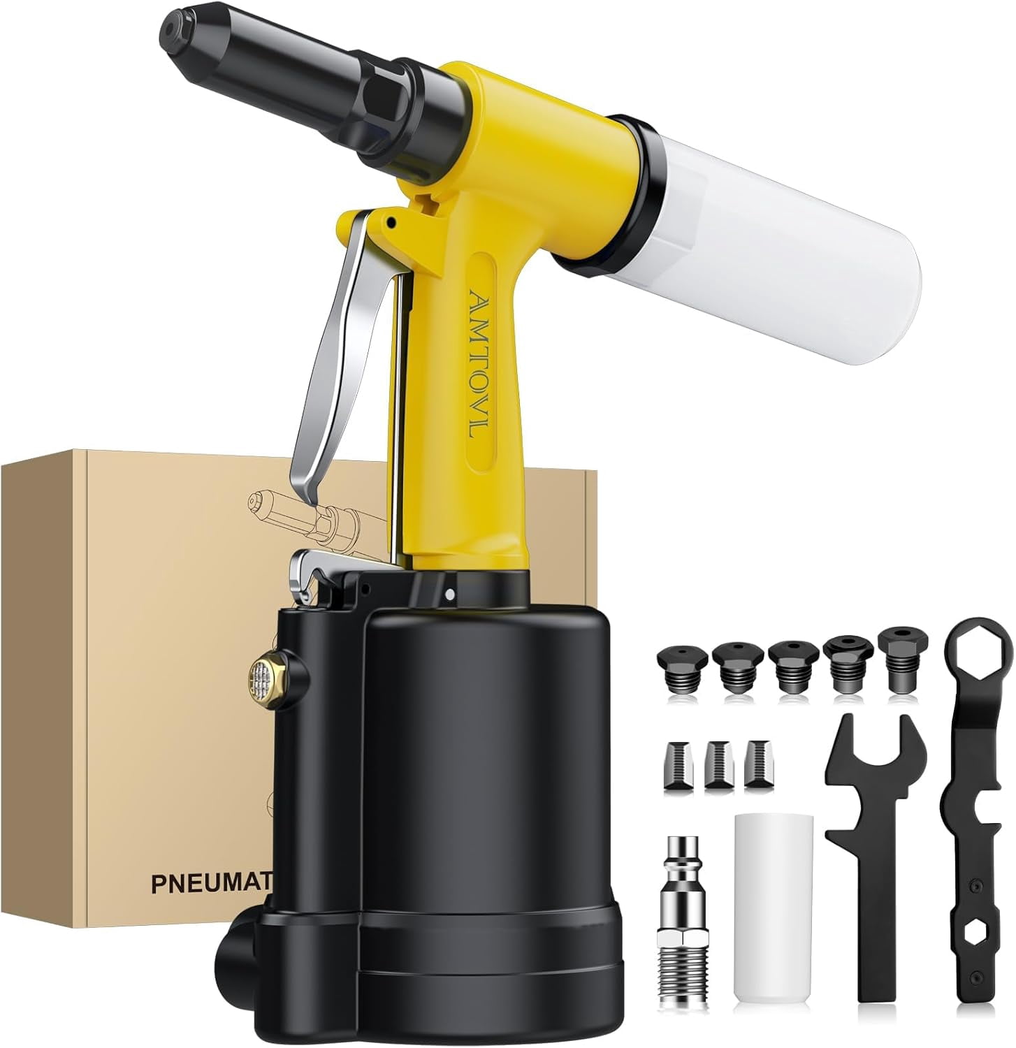 AMTOVL 3917LBF Heavy Duty Pneumatic Rivet Gun, Yellow - 5 Nosepieces (3/32" to 1/4") with 1/4" NPT Air Inlet, Professional Air Riveter for Automotive, Metal & Industrial Fastening