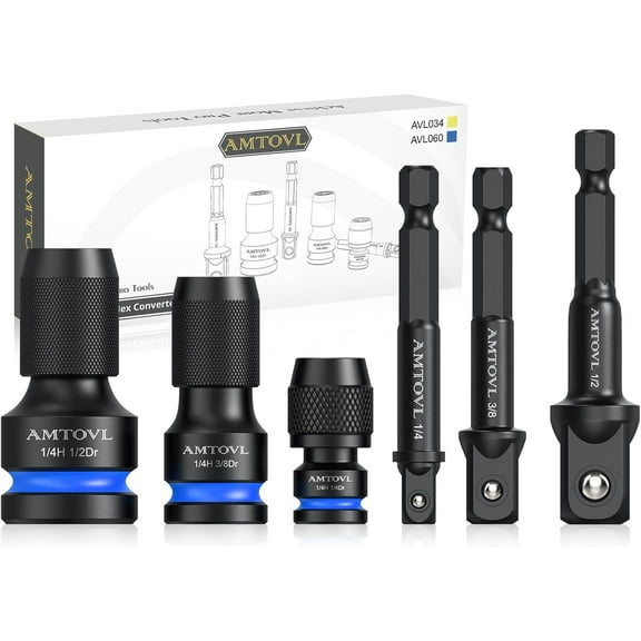 AMTOVL 6-Piece Hex Adapter Set - 1/4 3/8 1/2-INCH Drive to 1/4 Hex Converter with Quick-Release & Socket Adapters for Impact Drivers (Blue)
