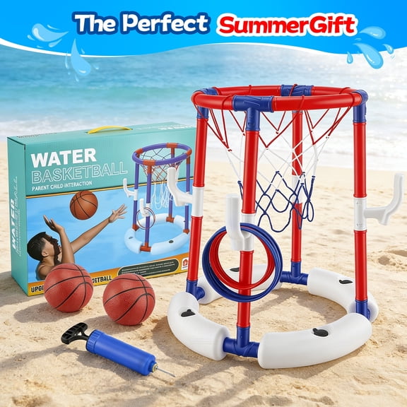 AMTPM Pool Basketball Hoop, 2-in-1 Floating Pool Toys Ring Games with 4 Balls 12 Rings and Pump, Outdoor Swimming Pool Basketball Games Water Play Toy Family Party for Kids Adults Age 3-12 (Red)