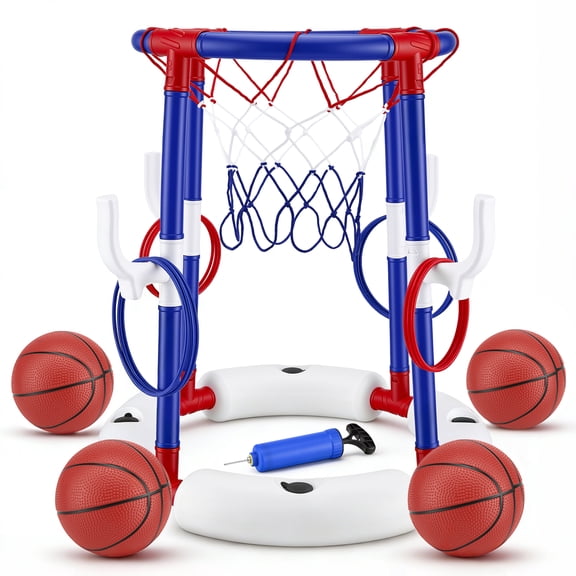 AMTPM Pool Basketball Hoop, 2-in-1 Floating Pool Toys Ring Games with 4 Balls 12 Rings and Pump, Outdoor Swimming Pool Basketball Games Water Play Toy Family Party for Kids Adults Age 3-12 (Blue)