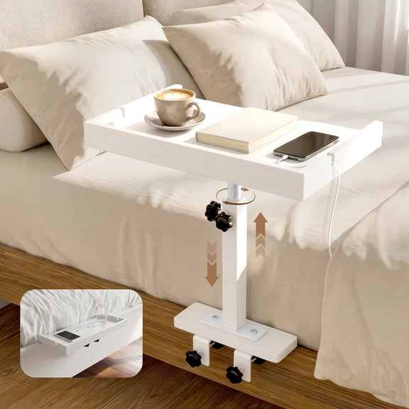 AMTPM Bedside Shelf for College Dorm Room，Adjustable Hight Bedside Caddy Clip on Floating Desk Tray，Bed Side Table Storage for Bunk Bed College Dorm-WH