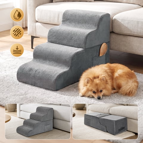 AMTPM Dog Steps for Small Dogs & Cats - Non-Slip Sponge 4-Step Pet Steps with Removable Washable Plush Cover, Waterproof Sturdy Dog Steps for Bed/Sofa