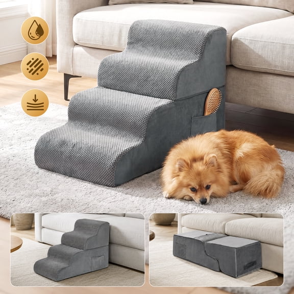 AMTPM Dog Steps for Small Dogs & Cats - Non-Slip Sponge 4-Step Pet Steps with Removable Washable Plush Cover, Waterproof Sturdy Dog Steps for Bed/Sofa