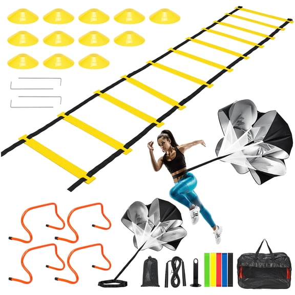 AMTPM Agility Ladder Speed Training Equipment Set-4 Agility Hurdles, 20 feet12 Rungs Speed Ladder,12 Disc Cones,Resistance Parachute, Jump Rope, 5 Resistance Bands,Basketball Football Soccer Training