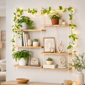 AMTPM Hanging Shelves for Wall, 5 Tier Boho Wall Decor Hanging Plant Shelf Floating Shelves Rope Rustic Wood Organizer Storage Hanger Rack for Aesthetic Home Bedroom Kitchen Bathroom