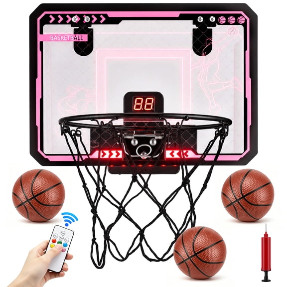 AMTPM Indoor Basketball Hoop Pro for Kids, Over The Door Basketball Hoop Indoor with LED Light/Scoreboard/3 Balls/Inflator/Breakaway Rim,asketball Toy Gifts for Kids and Adults