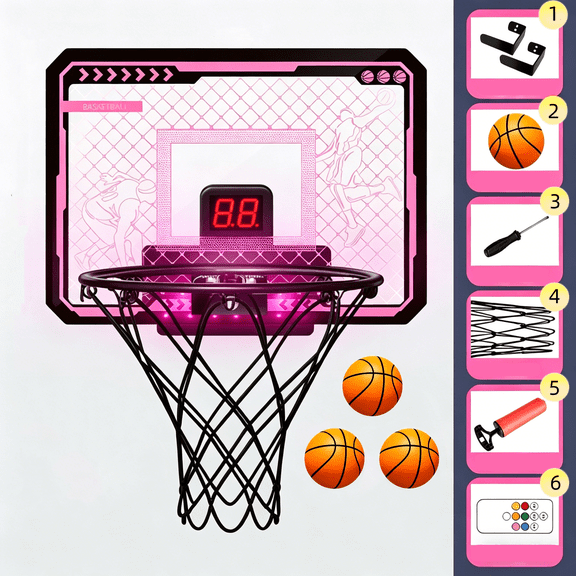AMTPM Indoor Basketball Hoop Pro for Kids, Over The Door Basketball Hoop Indoor with LED Light/Scoreboard/3 Balls/Inflator/Breakaway Rim,asketball Toy Gifts for Kids and Adults
