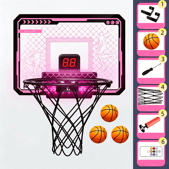 AMTPM Indoor Basketball Hoop Pro for Kids, Over The Door Basketball Hoop Indoor with LED Light/Scoreboard/3 Balls/Inflator/Breakaway Rim,asketball Toy Gifts for Kids and Adults