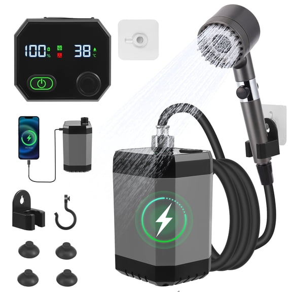 AMTPM Portable Outdoor Shower, 6000mAh Camping Shower with Digital Display, 3 Modes, Emergency Power Bank for Camping, Hiking, Pet Bathing, Car Washing