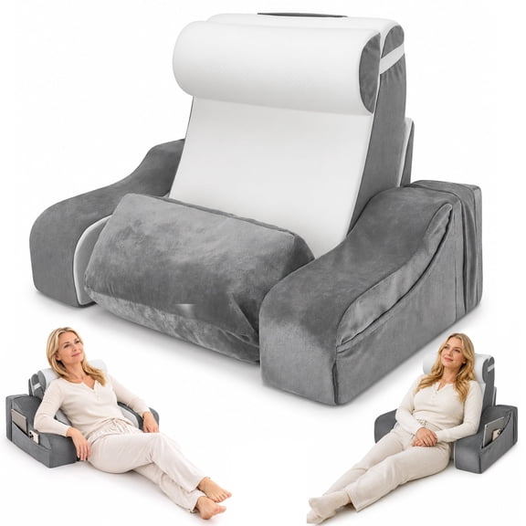 AMTPM Reading Pillow for Bed with Detachable Armrests, 2-in-1 Wedge Reading Pillow, 20-55 Adjustable Headrest & Independent Lumbar Support Bed Reading Pillow for TV, Books, Nursing